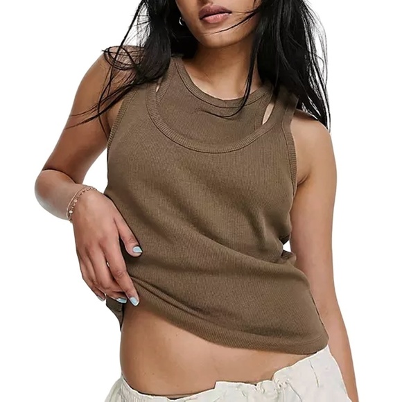 TOPSHOP Cotton Top Shirt Double Layer Design Ribbed Tank over Faux Halter NWOT - Picture 3 of 12